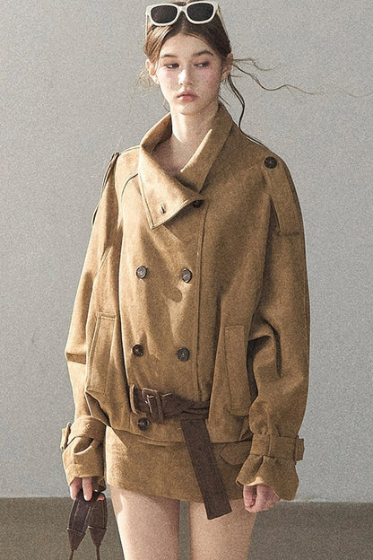 Chestnut Brown Faux Suede Windbreaker and Shorts Set-Up