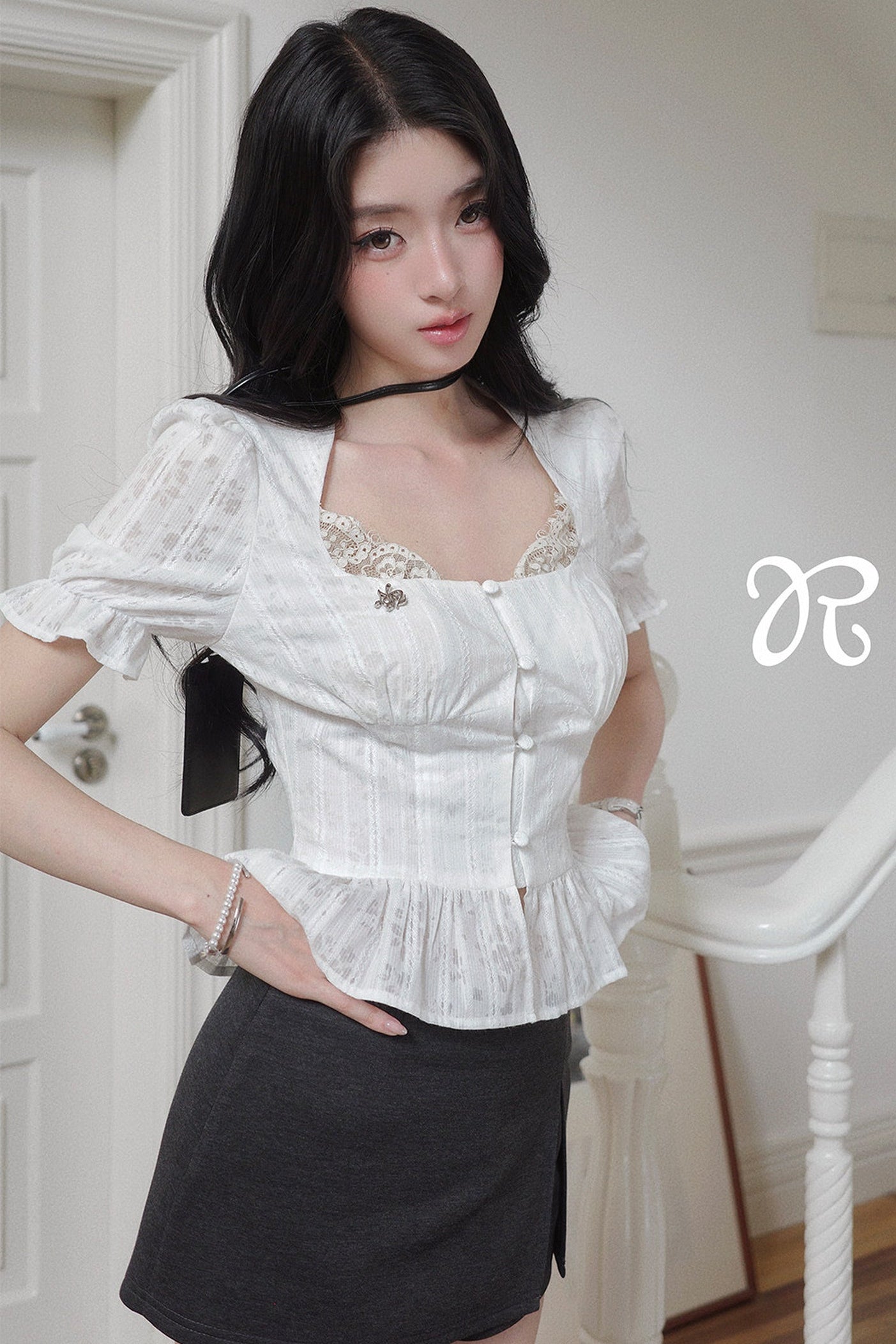 French Puff-Sleeve Button-Up Top