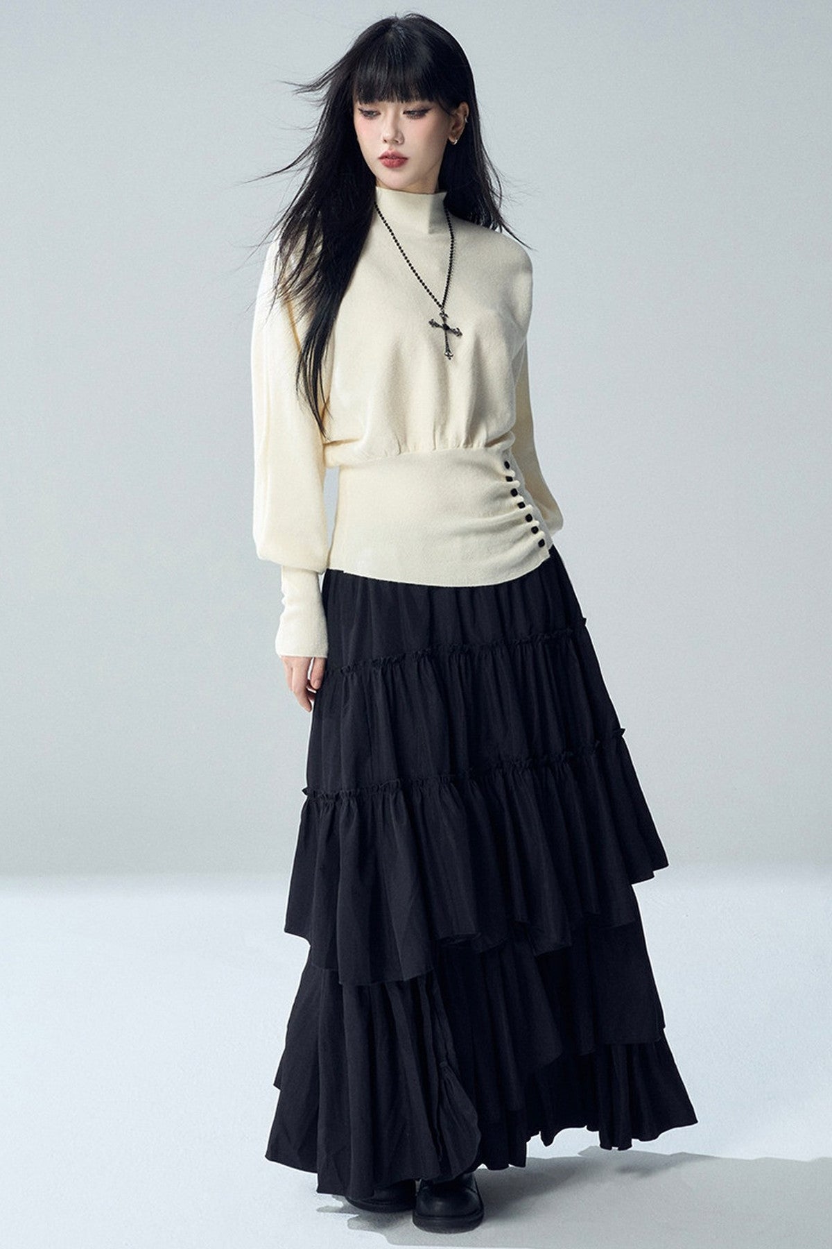 Black Irregular Ruffle Skirt