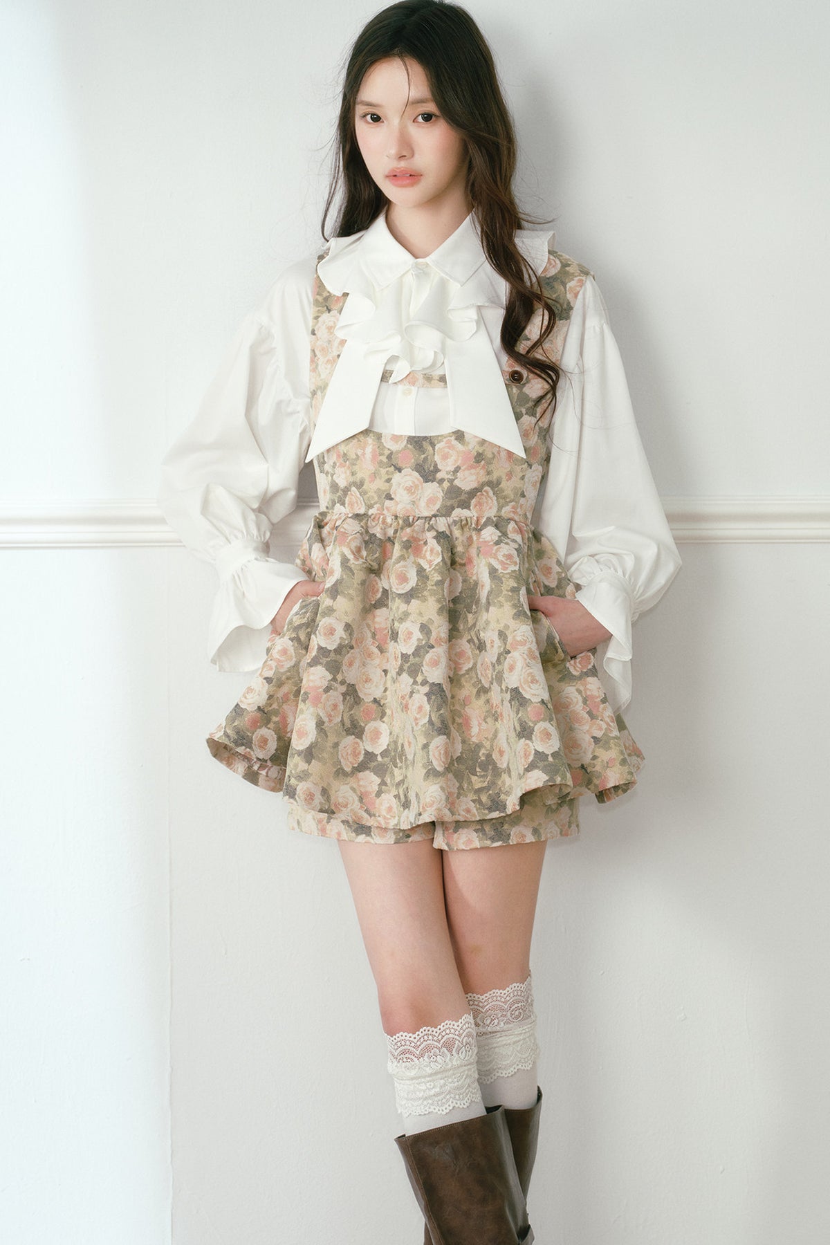 Floral Jacquard Vest Tutu Skirt Pants Set-Up
