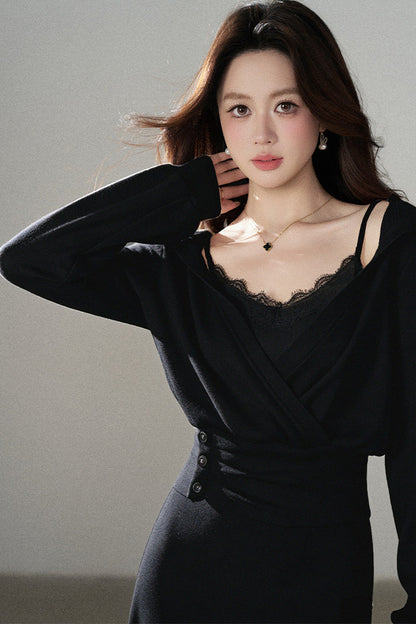 Apricot Flared Lace Dress and Hooded Sweatshirt