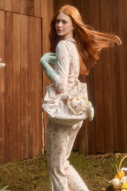 Layered-Look Floral Bunny Cardigan and Pants Set-Up