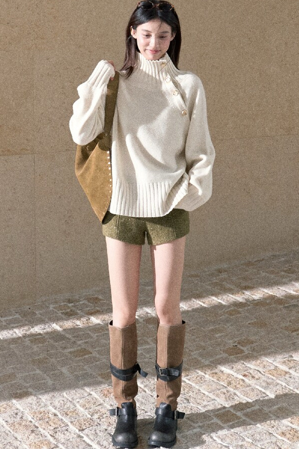 Gold Thread Wool Blend High-Waisted Shorts