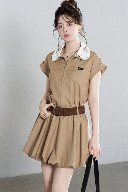 French Khaki Puff Dress