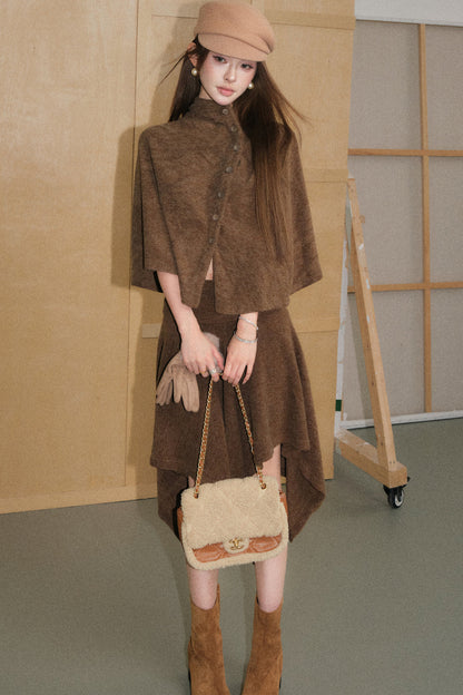 Mocha Brown Velvet-Like Top and Skirt Set