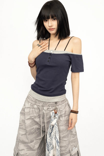 Color-Blocked Off-Shoulder Top