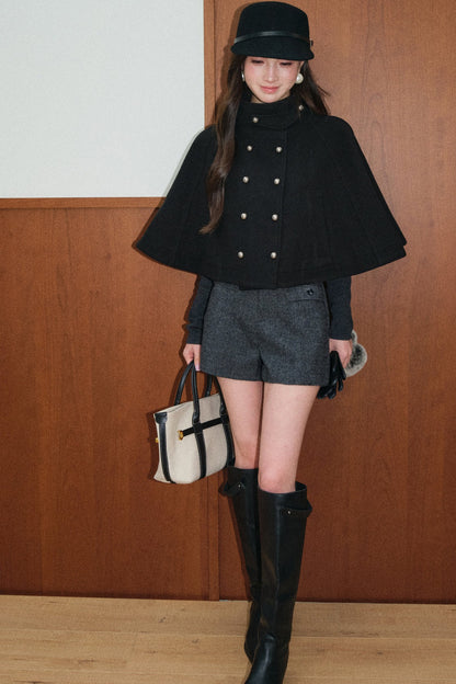 Double-Breasted Wool Cape and Shawl Shorts Set-Up