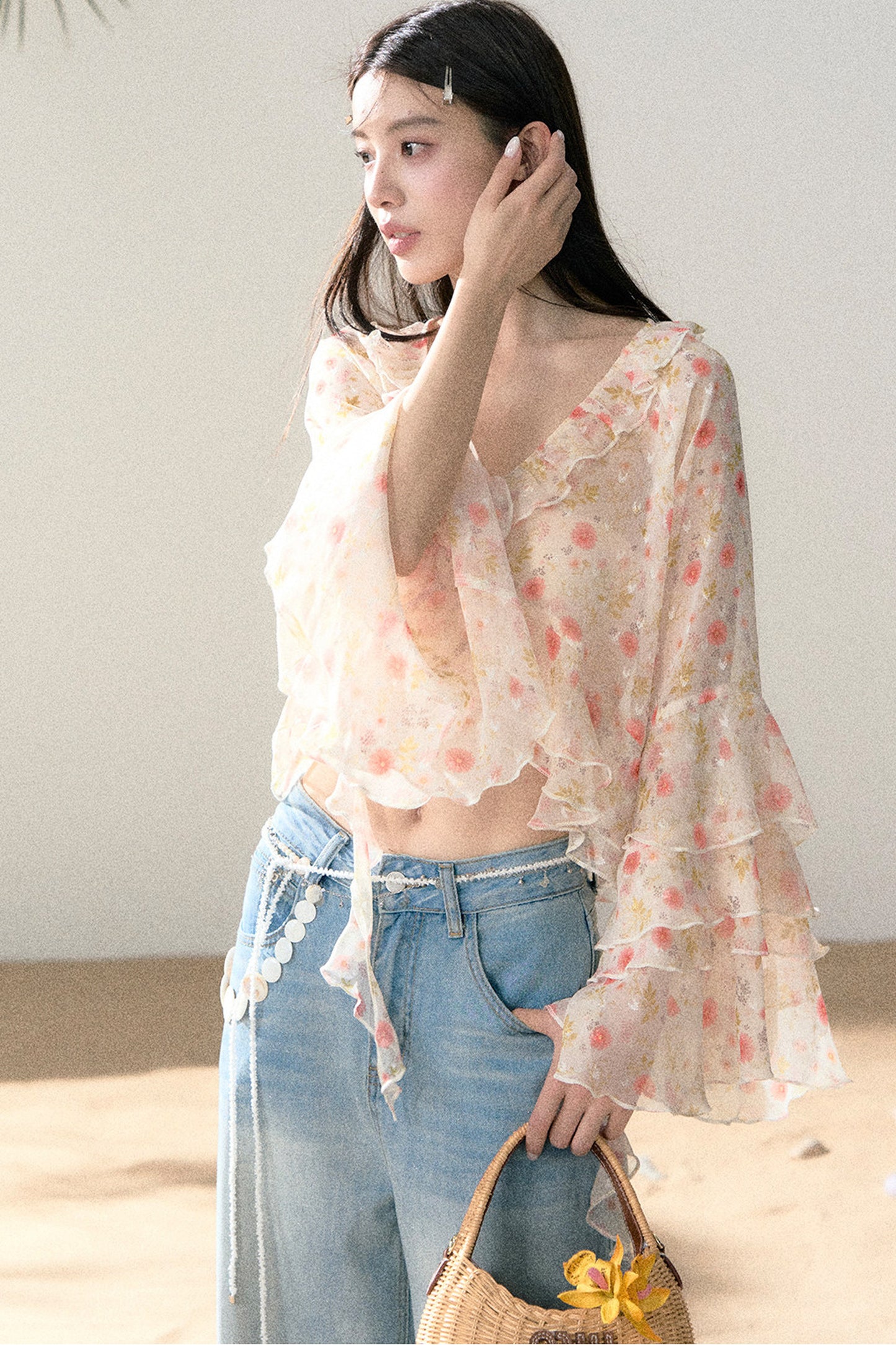 Floral Chiffon Ruffle Blouse