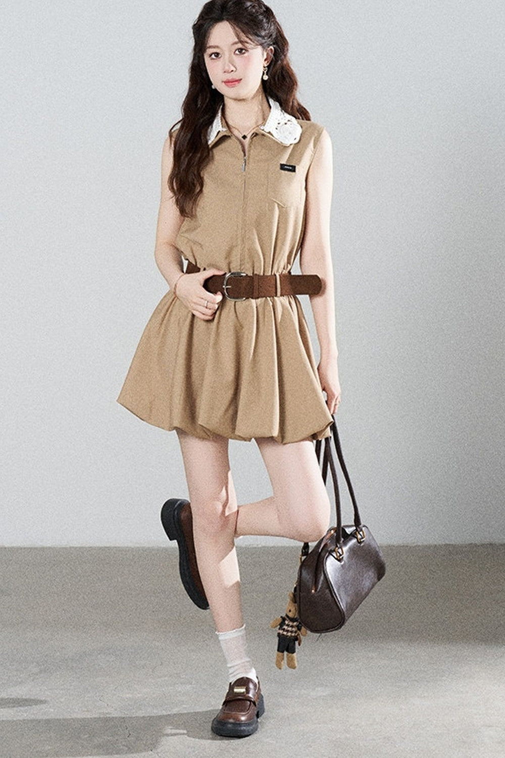 French Khaki Puff Dress