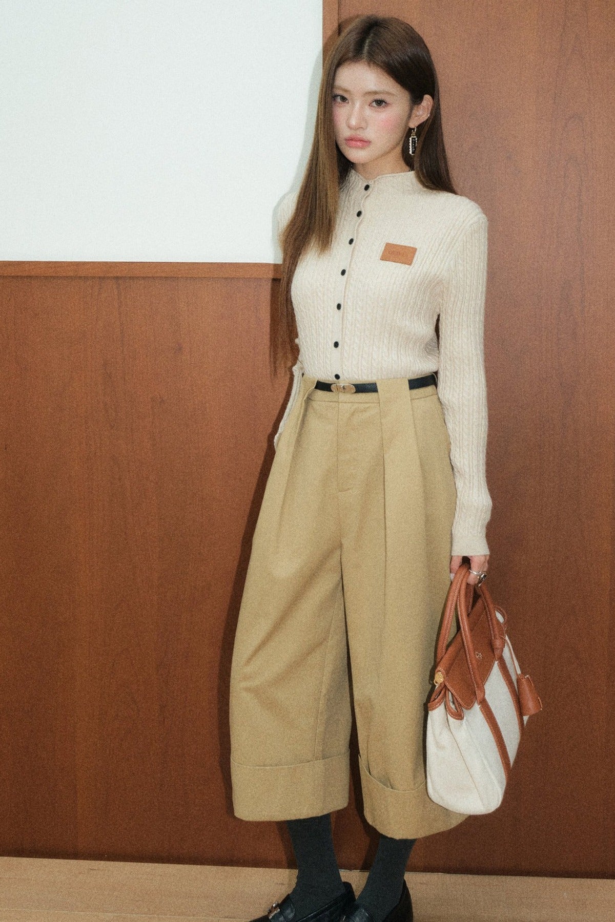 Olivia Duo Half Turtleneck Cable Knit Top and Khaki Pants Set-Up