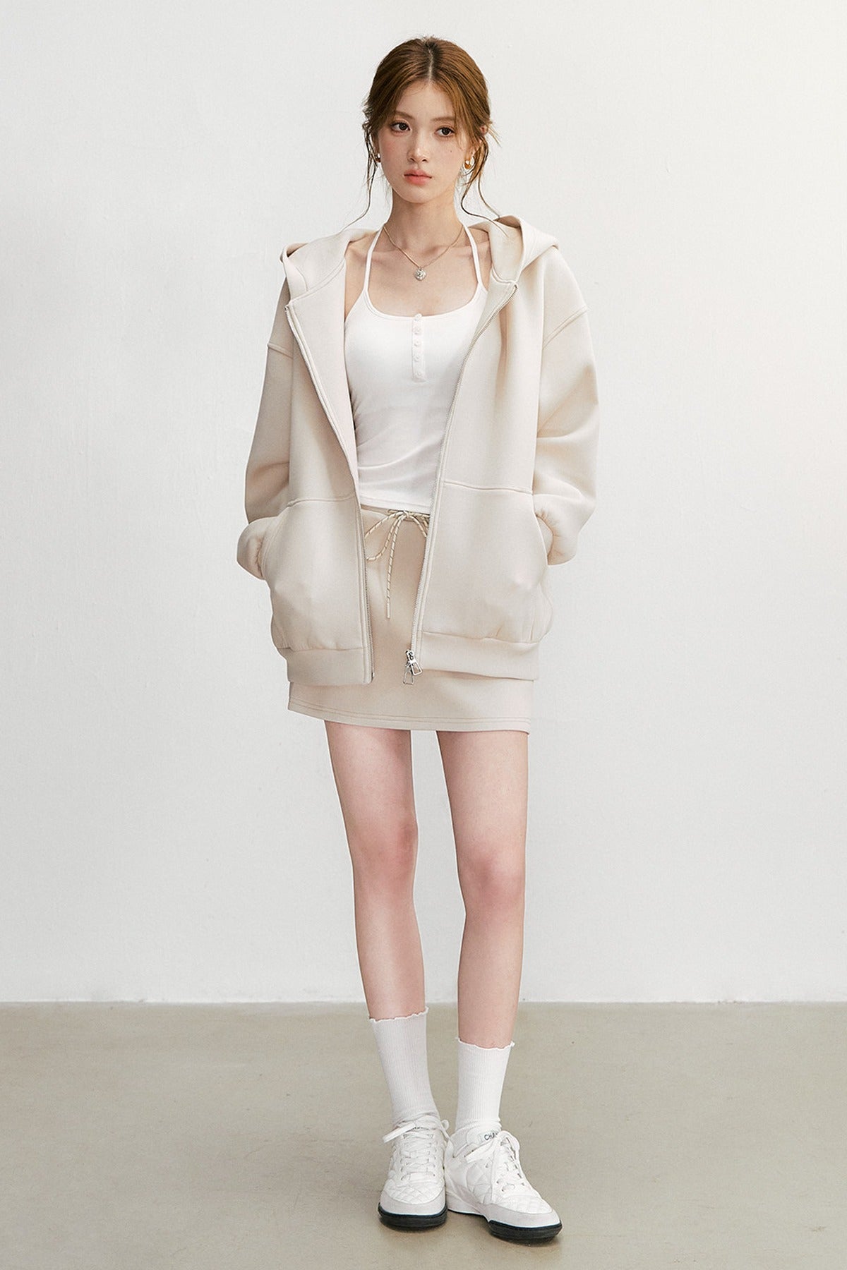 Long-Sleeved Oversized Hooded Sweatshirt Jacket And Skirt Set-Up
