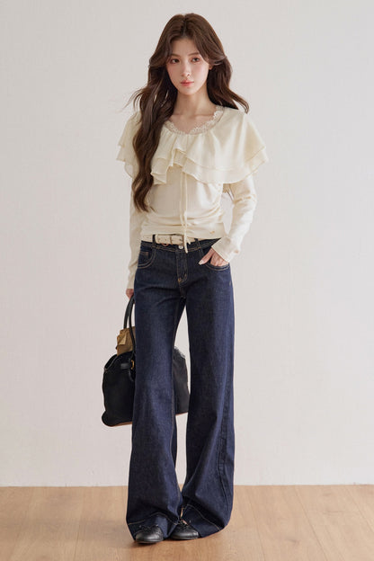 Lace Trim Ruffle Collar Long Sleeve Tee