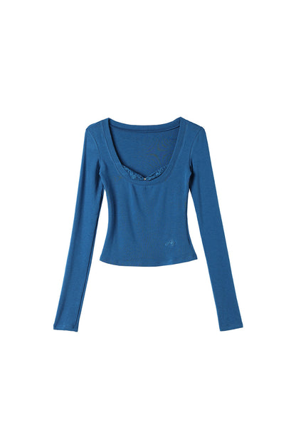 Neon Vitality Large U-Neck Waist-Revealing Long-Sleeve T-Shirt