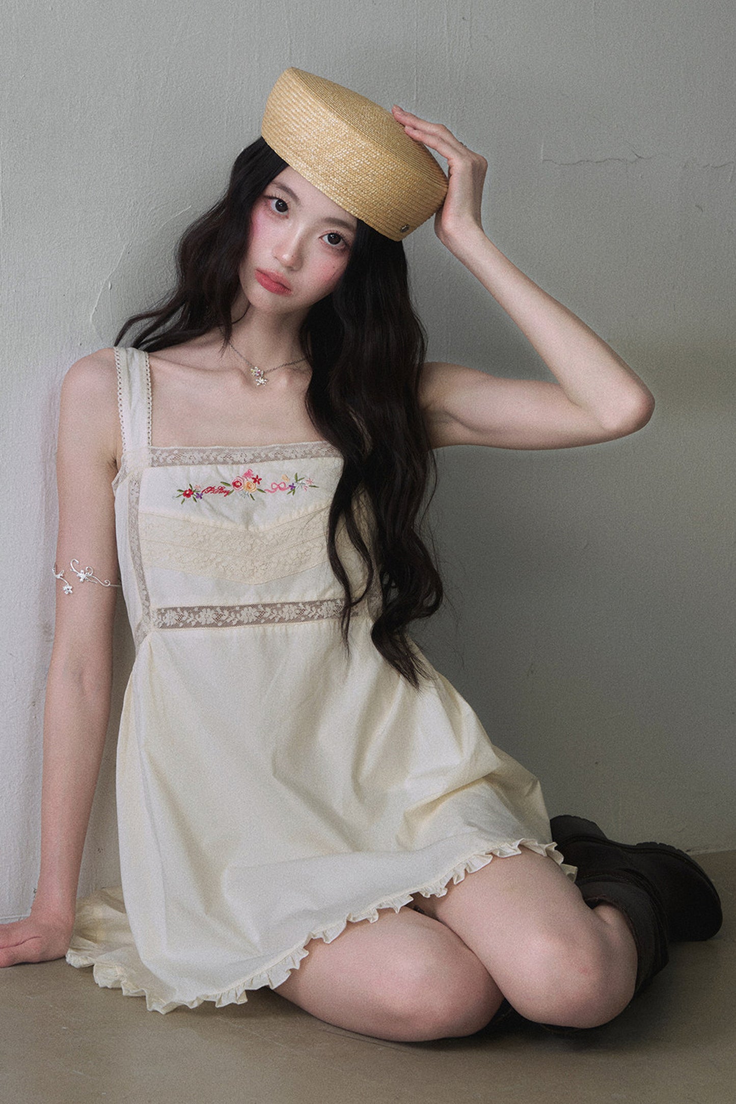 Floral Embroidered Square Neck Sleeveless Mini Dress
