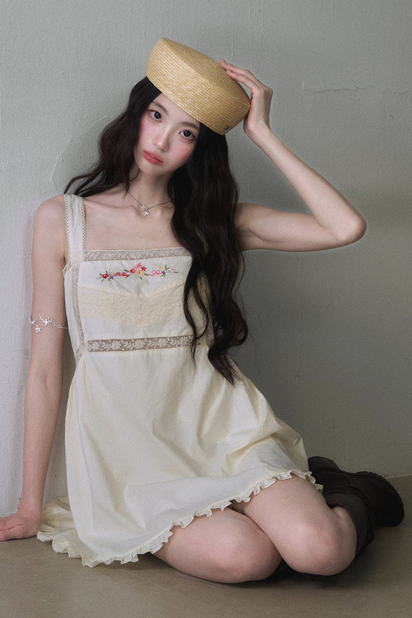 Floral Embroidered Square Neck Sleeveless Mini Dress