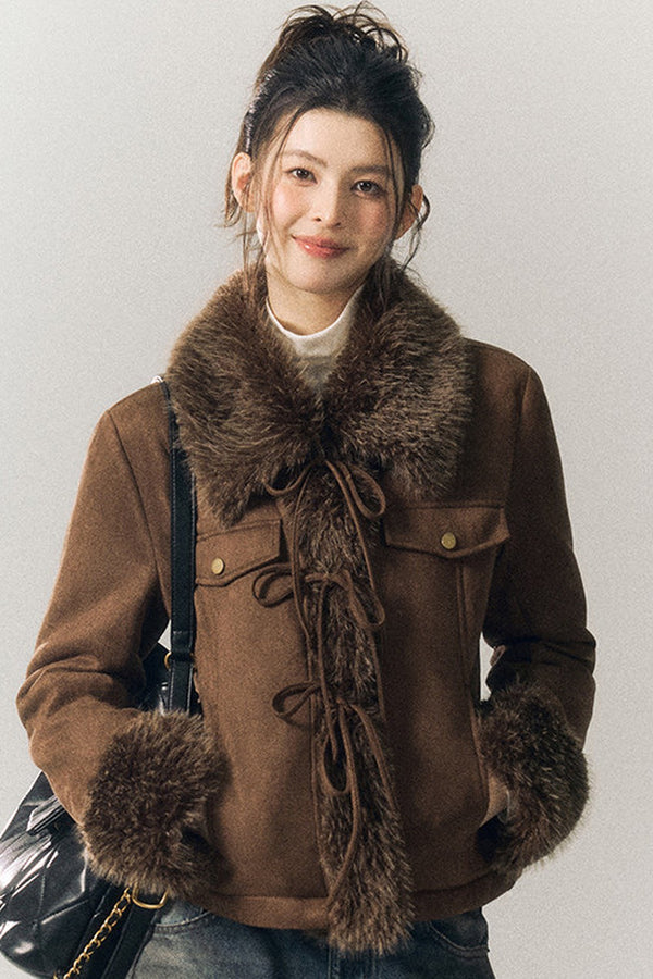 Suede Fur Collar Lace-Up Jacket