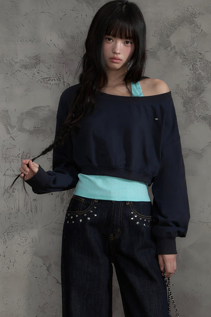 Off-Shoulder Halter Sweatshirt and Pants Set-Up