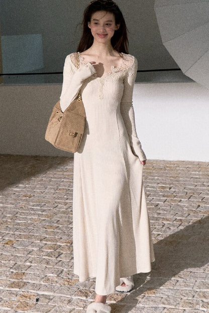Spliced Lace Trim Long-Sleeve A-Line Dress