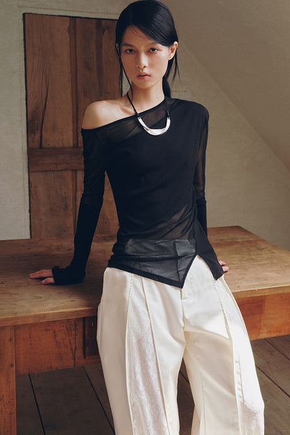 Asymmetrical Sheer Long Sleeve Top
