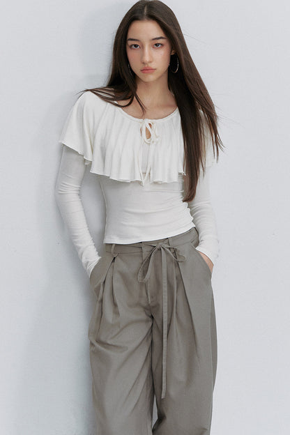 Tie-Front Ruffle Cape Long Sleeve Top