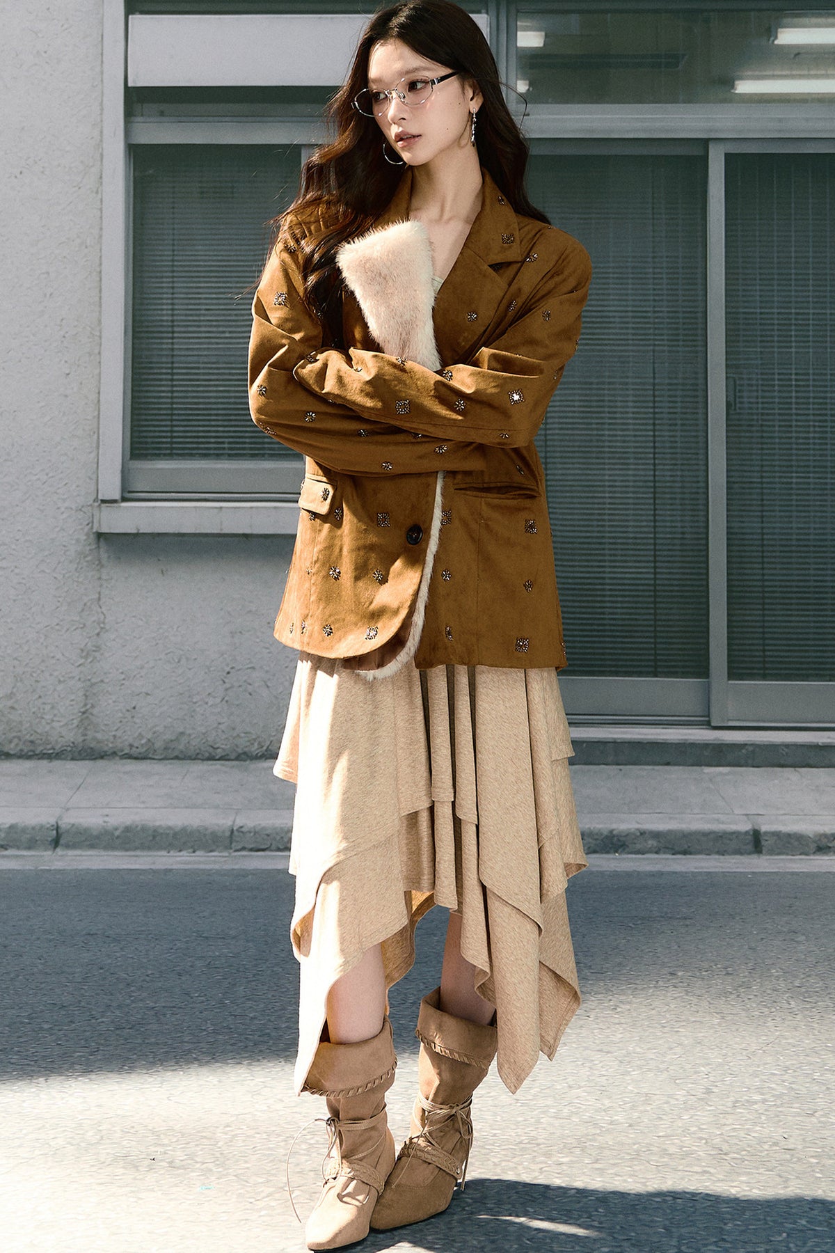 Beaded Suede Detachable Fur Collar Jacket