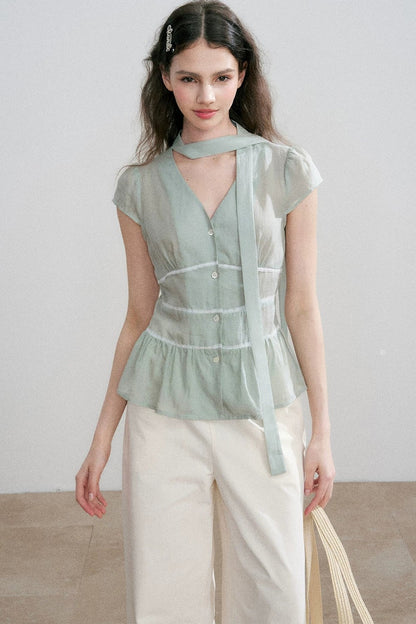 Tencel V-Neck Ribbon Blouse