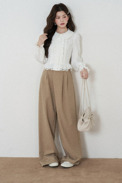 White Long-Sleeved Loose Pullover Doll Collar Shirt