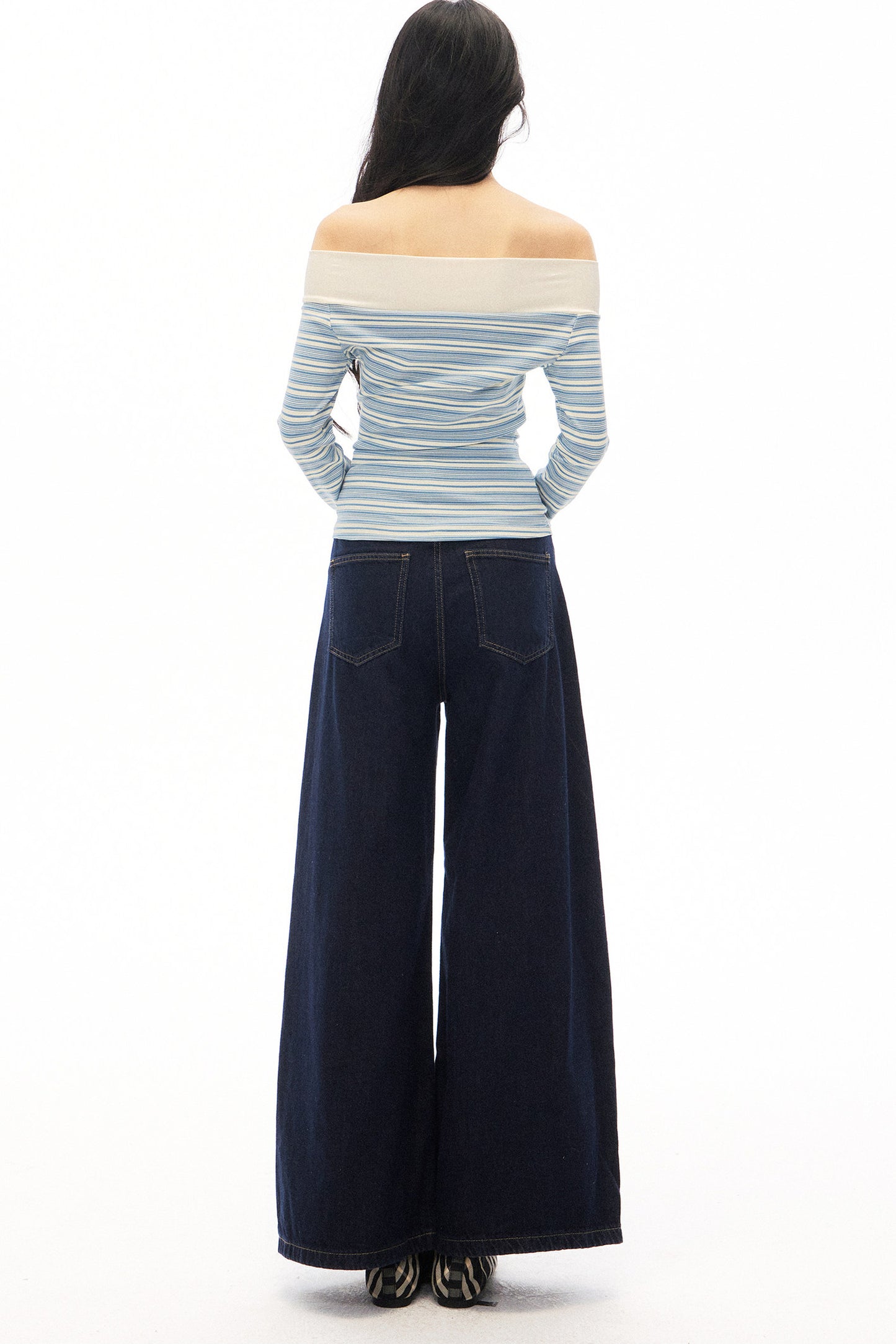 Striped Off-Shoulder Knit Top and Jeans Set-Up