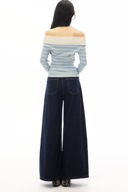 Striped Off-Shoulder Knit Top and Jeans Set-Up