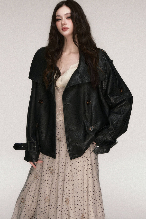 Double-Breasted Loose Silhouette Leather Jacket