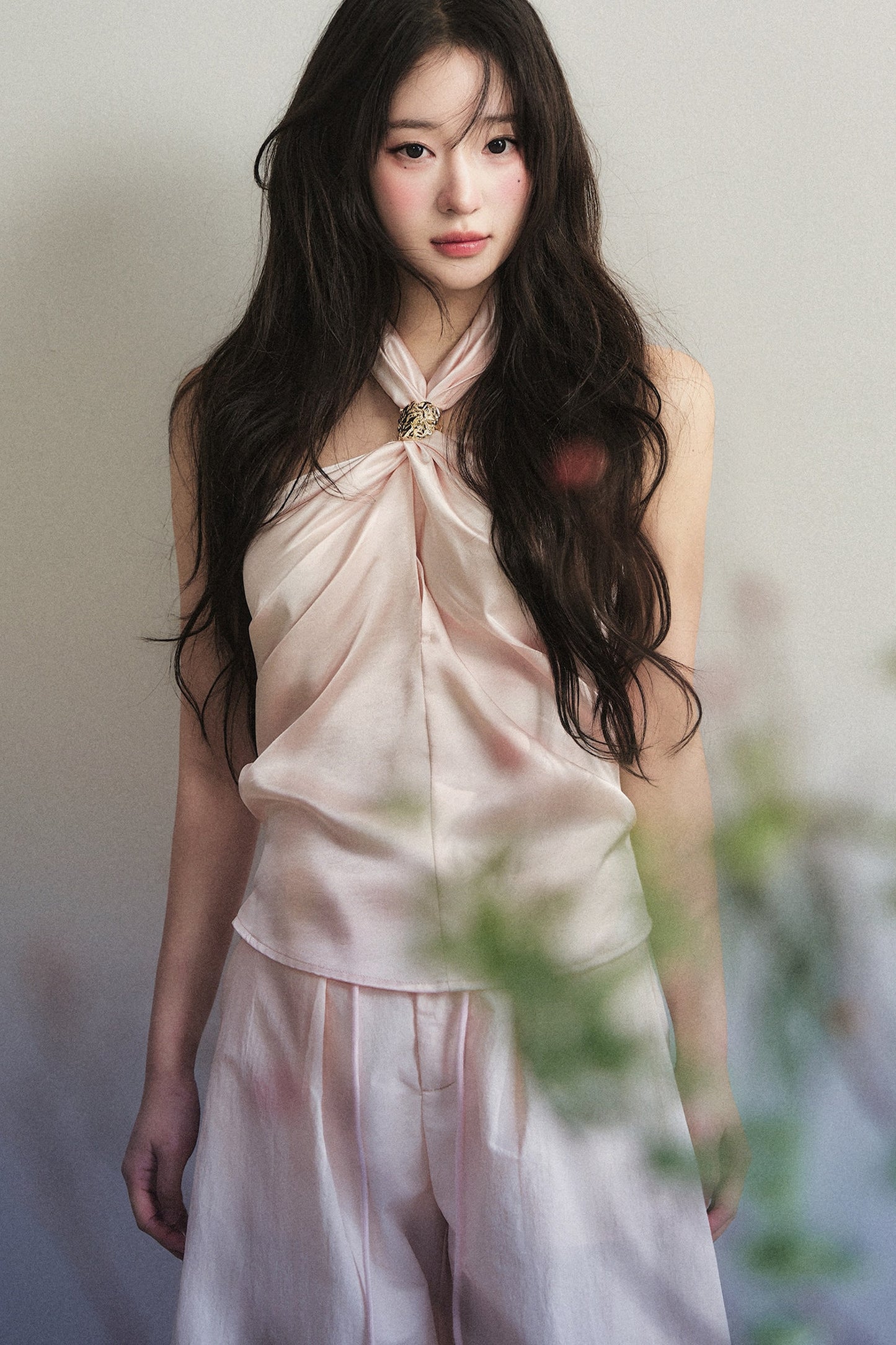 Knotted Halter Top and Satin Wide-Leg Pants Set-Up