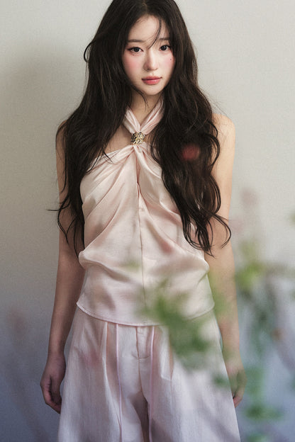 Knotted Halter Top and Satin Wide-Leg Pants Set-Up