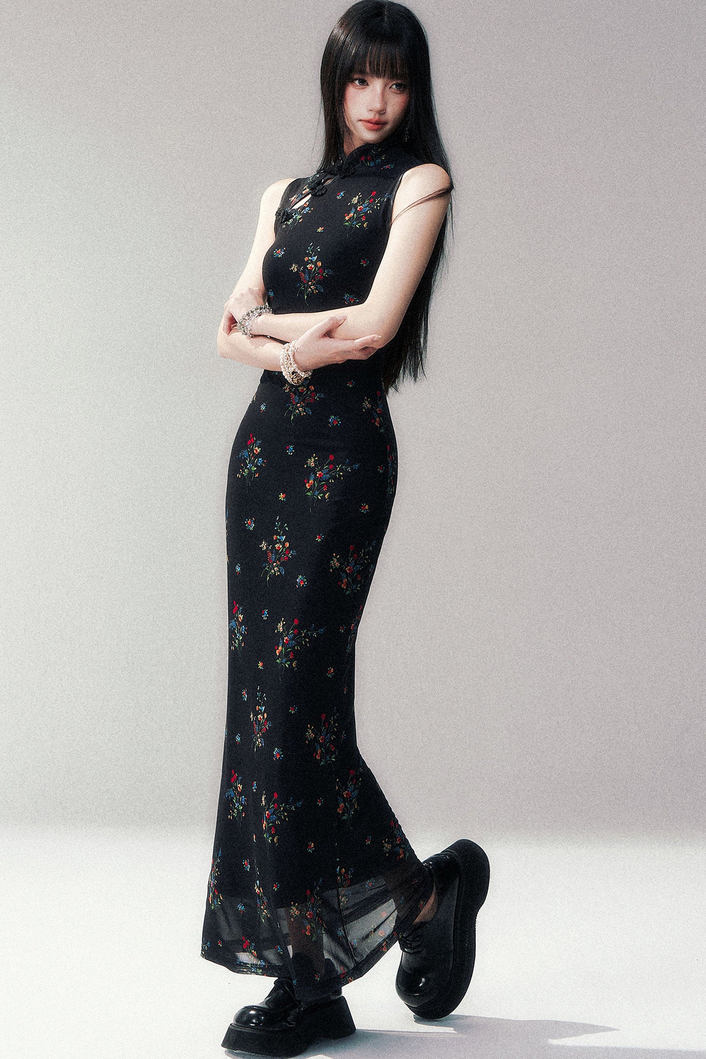 Floral Mesh Cheongsam Long Dress