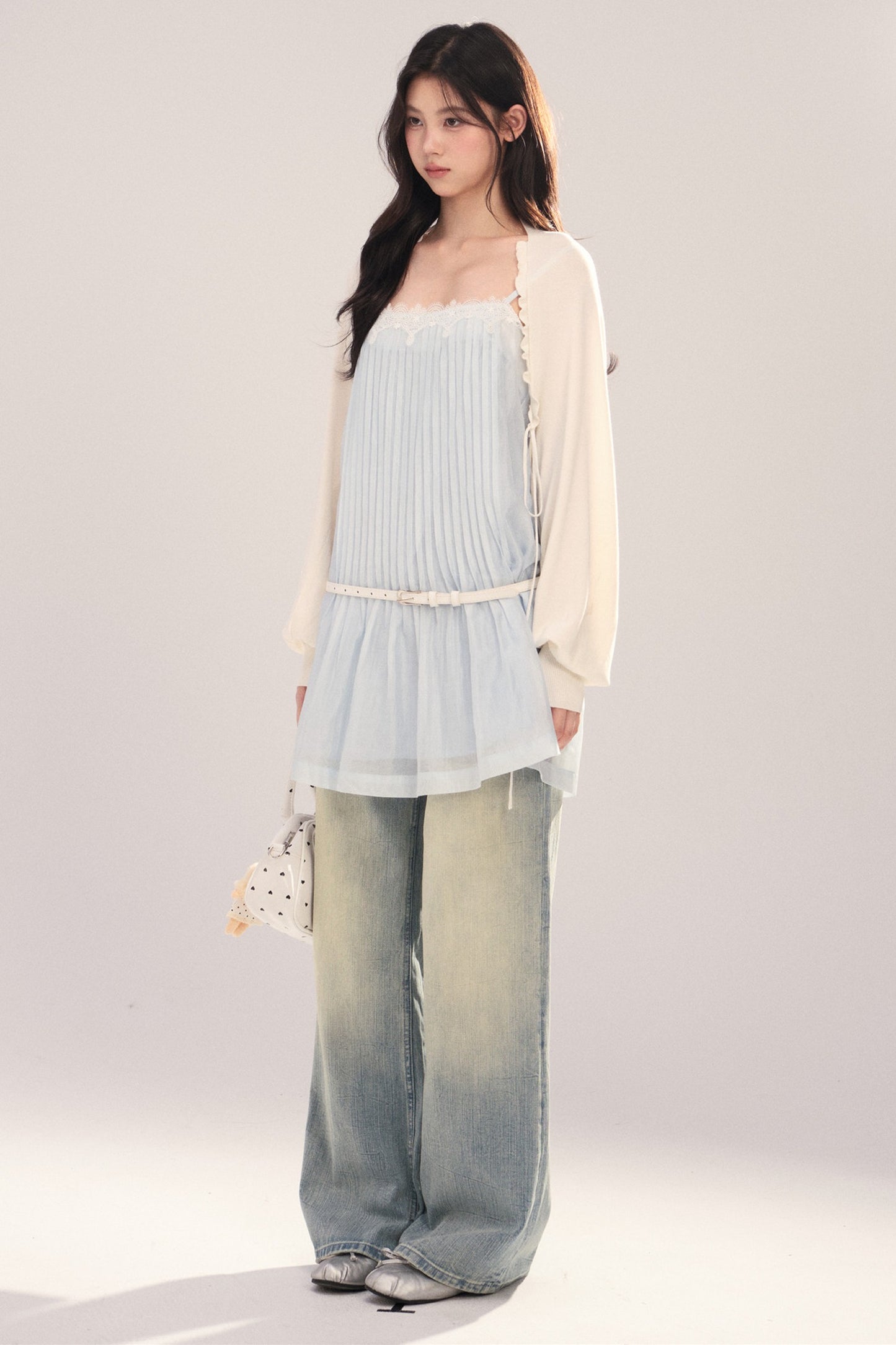 Suspender Dress with Lantern Sleeve Shawl Cardigan Set-Up