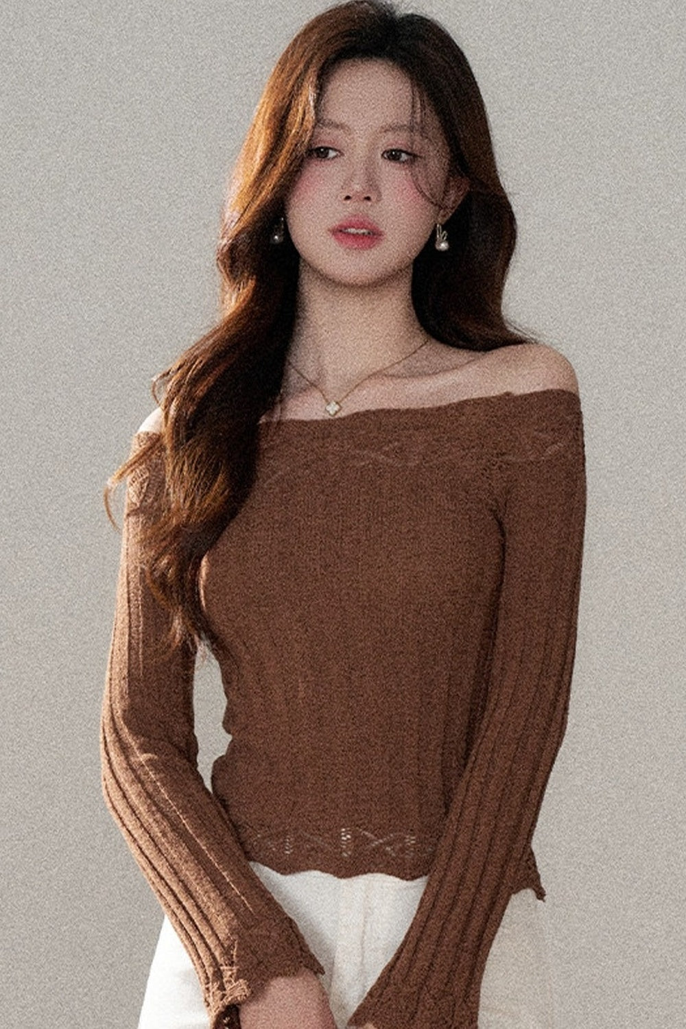Off-Shoulder Lace Hollow-Out Knit Pullover