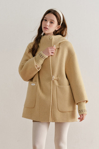 Hooded Horn Button Wool Coat
