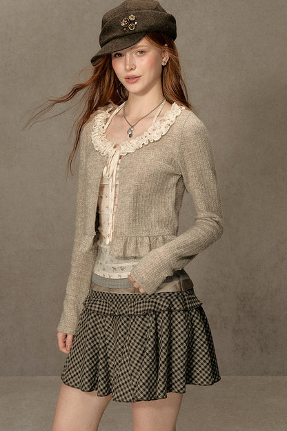 Ruffled Knit Cardigan With Camisole