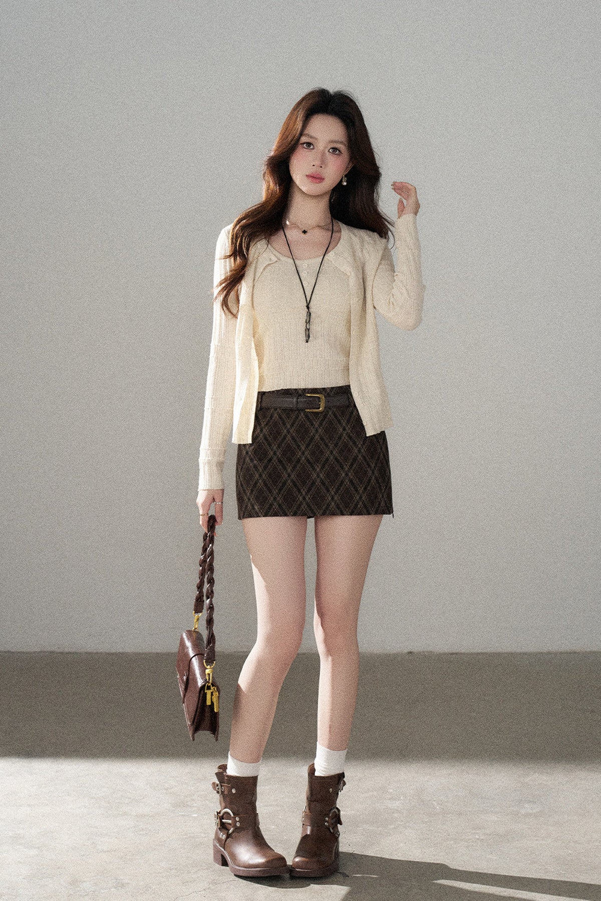 Long Sleeve Single-Breasted Trench Coat, Top and Skirt