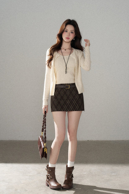 Long Sleeve Single-Breasted Trench Coat, Top and Skirt