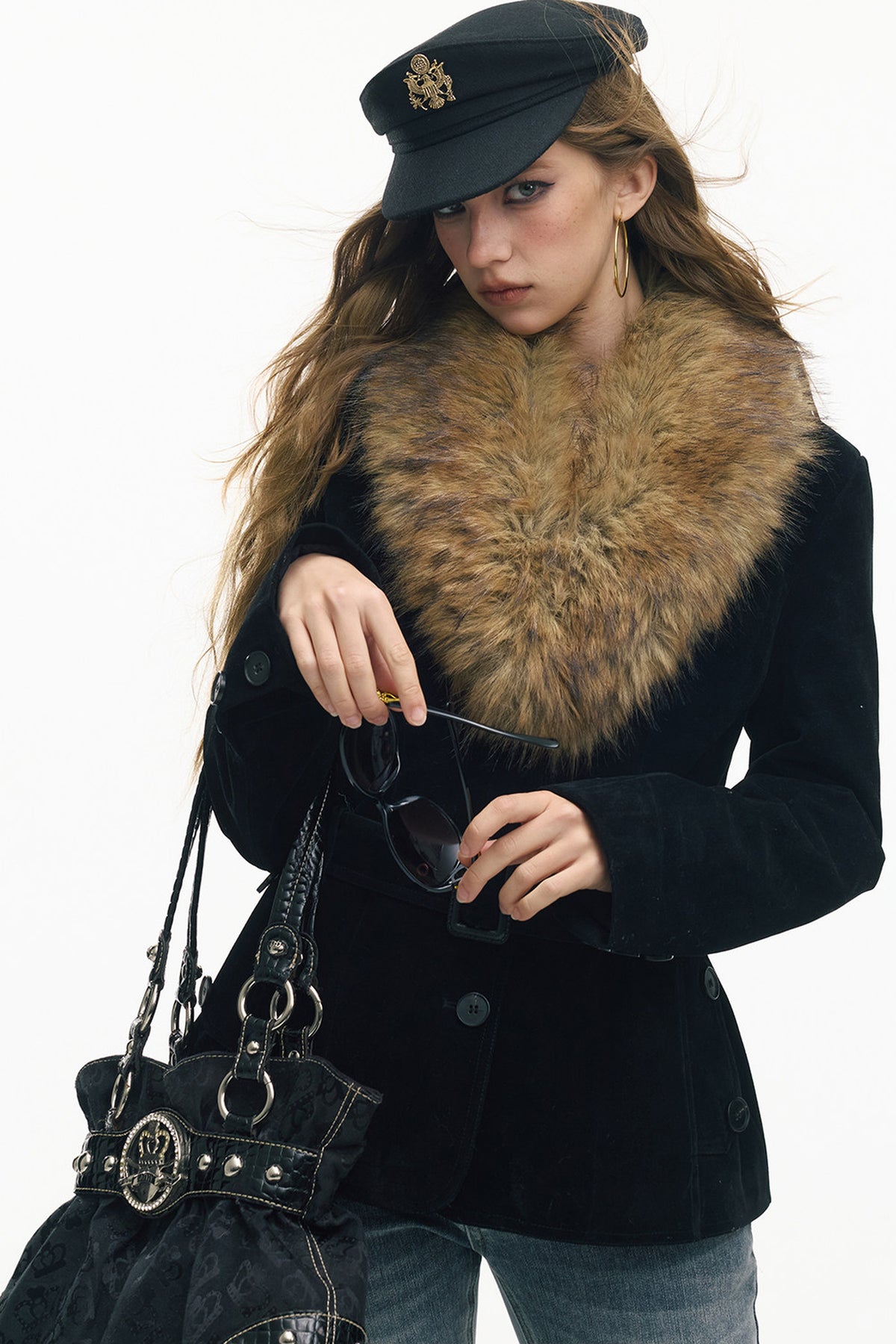 Belted Suede Fur Collar Jacket