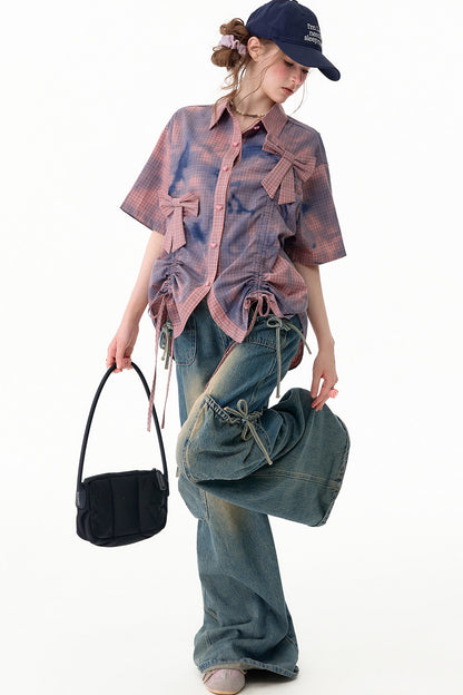 Pink Plaid Bow Drawstring Blouse