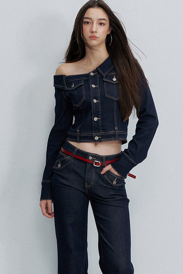 Asymmetrical One-Shoulder Denim Shirt