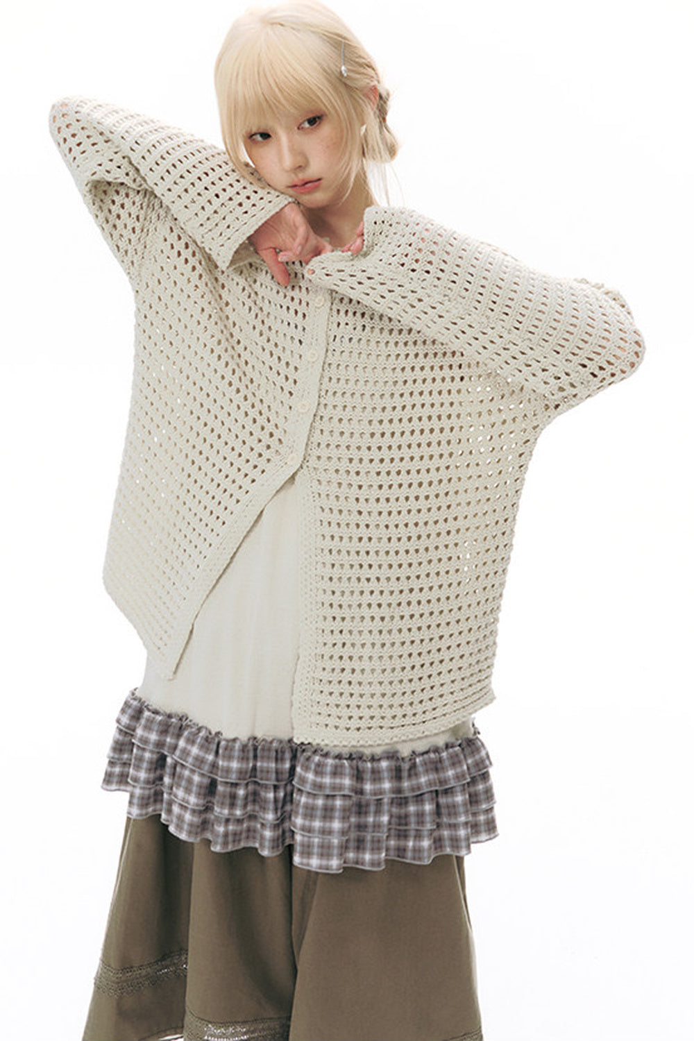Solid Color Hollow Knit Cardigan