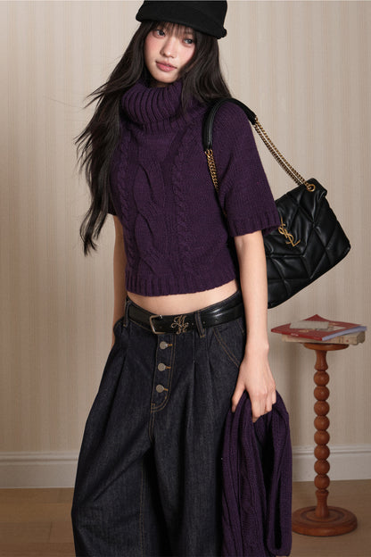 Short Sleeve Scarf Layered Knit Sweater