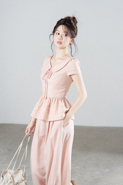 Ensemble chemise rose en Tencel à col Claudine et pantalon large