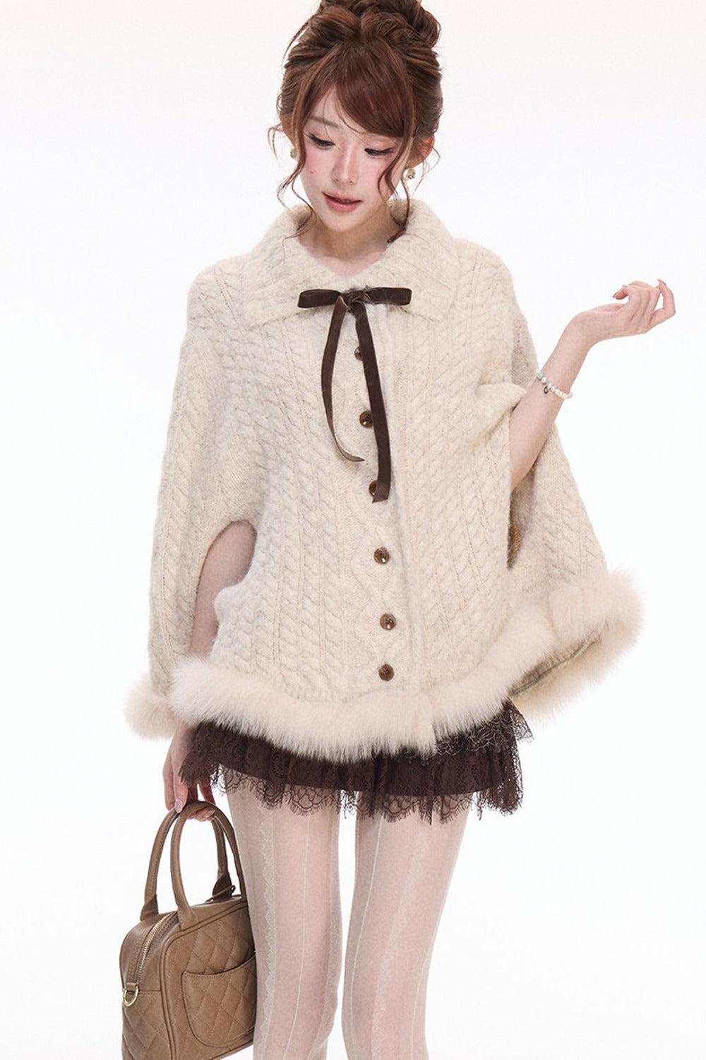 Fox Fur Hem Lapel Cape and Lace Skirt Set-Up