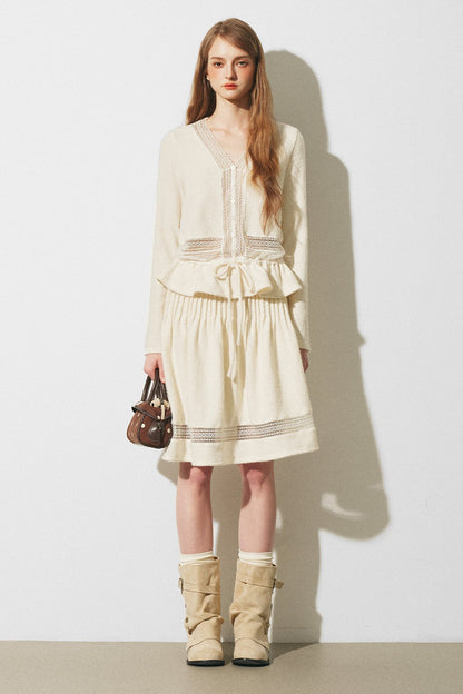 Lace Spliced Knit Cardigan and Skirt Set-Up