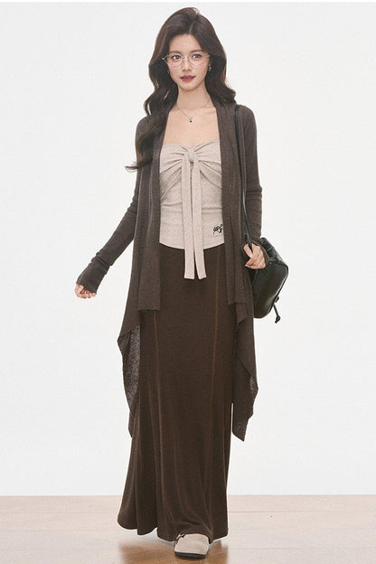 Ensemble 3 pièces en maille irrégulière avec cardigan et jupe