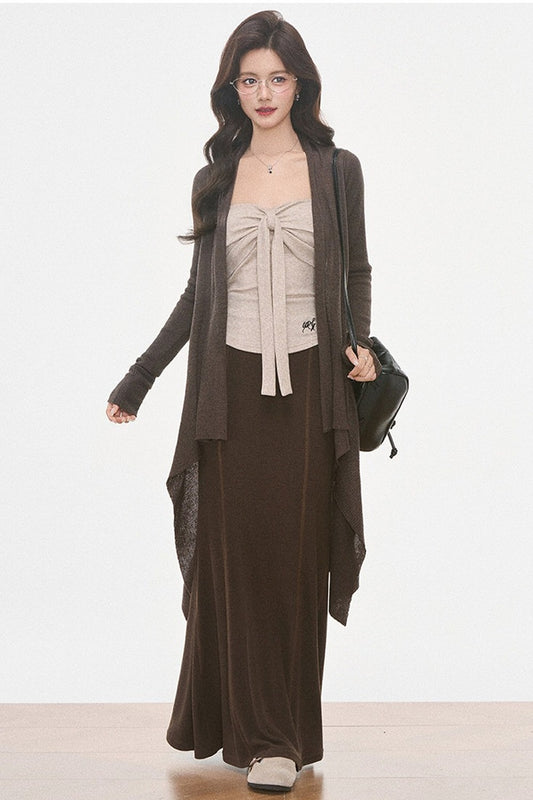 Ensemble 3 pièces en maille irrégulière avec cardigan et jupe