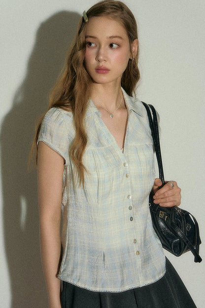 Vintage Plaid Puff Sleeve Blouse